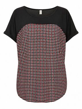 PerSeption Concept Black Short Sleeve Top with Red &‎ White Geo Panel
